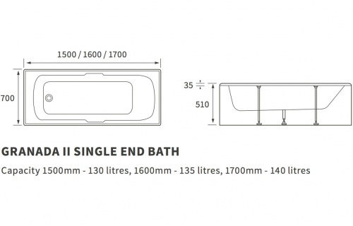 Jasmine Single End Twin Grip Textured Base 8mm 1700x700x510mm 2TH Bath